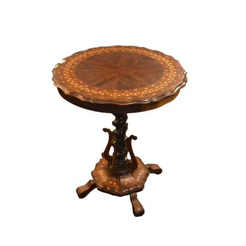 313 - Irish beautifully ornate circular table with turned centre support having inlay with 3 leaf clover d... 