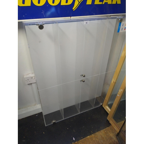 19 - Large Perspex display cabinet with key. H80cm W101cm D19cm. With 3 internal shelves.