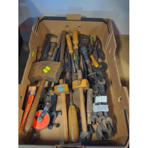 63 - Box of vintage tools inc, spanners, saws etc.
