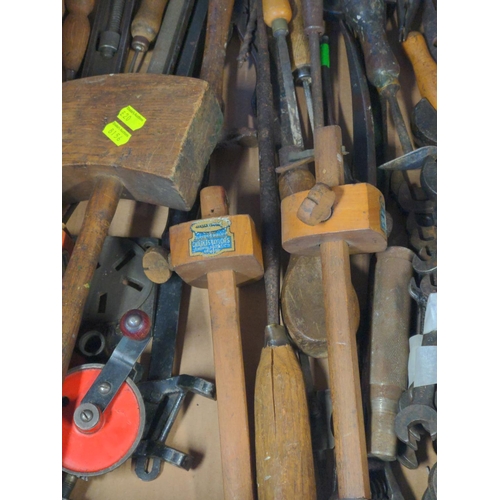 63 - Box of vintage tools inc, spanners, saws etc.