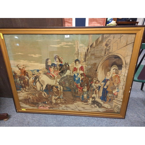 716 - Large framed and glazed tapestry of falconers on horseback. Width 129cm x height 97cm.