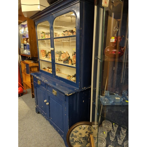 619 - Blue painted, glazed top dresser. 130cm long x 53cm deep x 200cm high