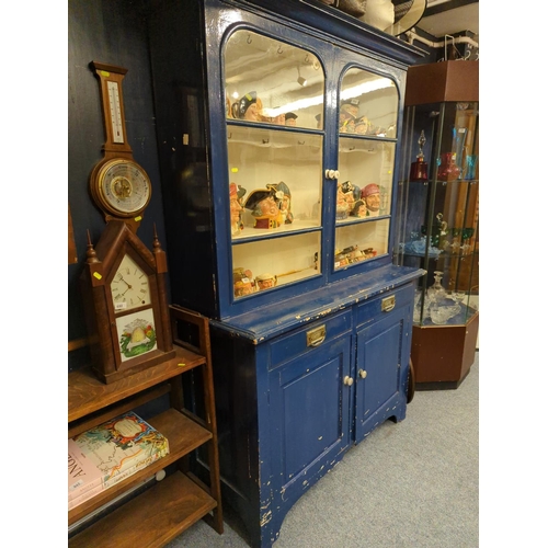 619 - Blue painted, glazed top dresser. 130cm long x 53cm deep x 200cm high