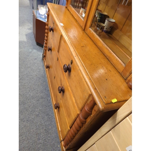 625 - Victorian pine 2 over 2 dresser with glazed top. 128cm long x 52cm deep x 204cm high