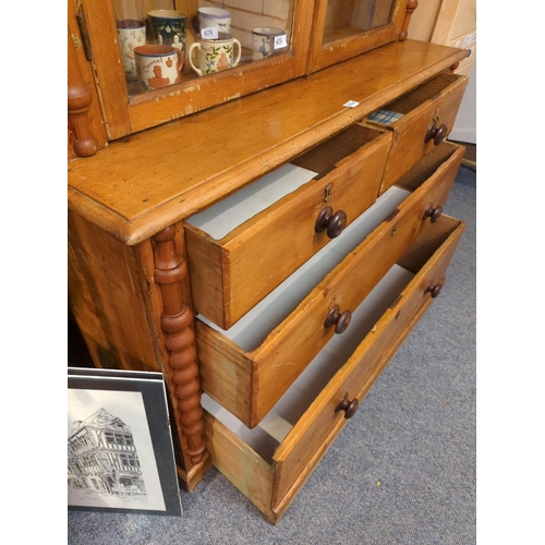 625 - Victorian pine 2 over 2 dresser with glazed top. 128cm long x 52cm deep x 204cm high