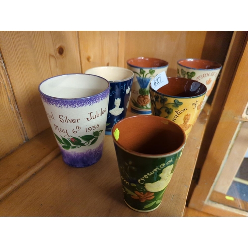 627 - Collection of 6 Torquay Allervale Commemorative motto ware beakers Dating from 1902-37.