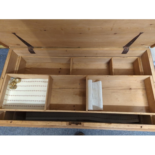 634 - Pine blanket box, with later handles. W99cm D54cm H43cm