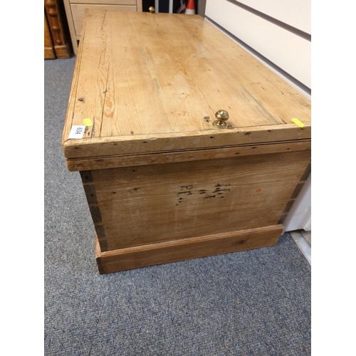 634 - Pine blanket box, with later handles. W99cm D54cm H43cm