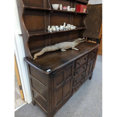 638 - Ercol Old Colonial open fronted dresser, with elm top in dark finish, model 282D W143cm D50cm H169cm