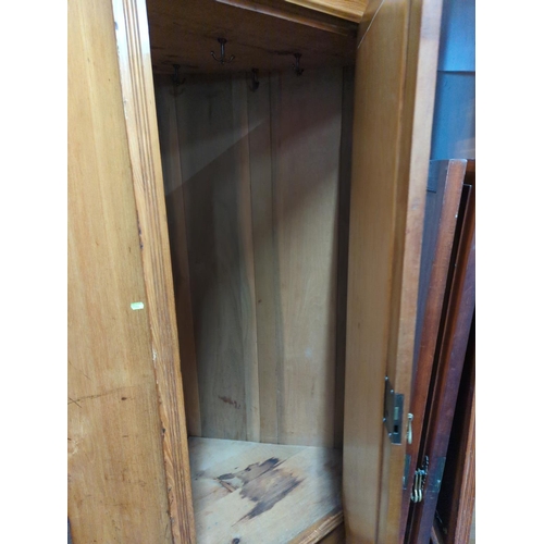 653 - Mirror fronted pine corner cabinet, with lower drawer (missing handle) and internal hanging hooks. H... 