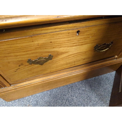 653 - Mirror fronted pine corner cabinet, with lower drawer (missing handle) and internal hanging hooks. H... 