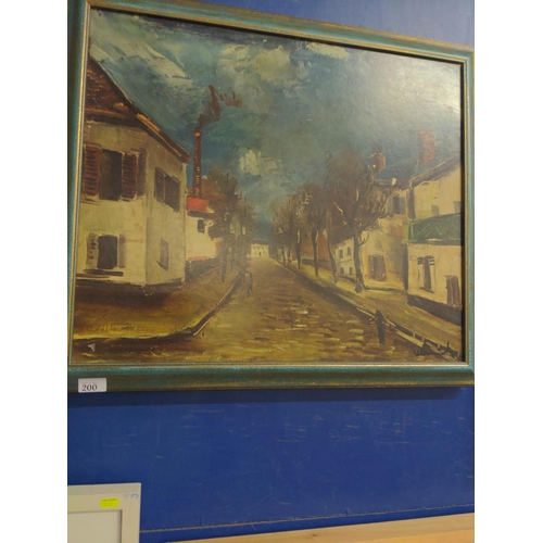 200 - Two prints on board of a street and a coastal scene, framed. 72cm x 61cm