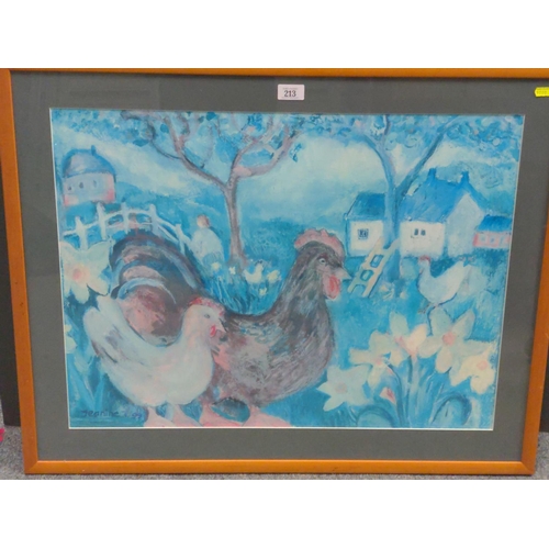 213 - Large framed print of chickens by Jeanine. 83cm x 66cm