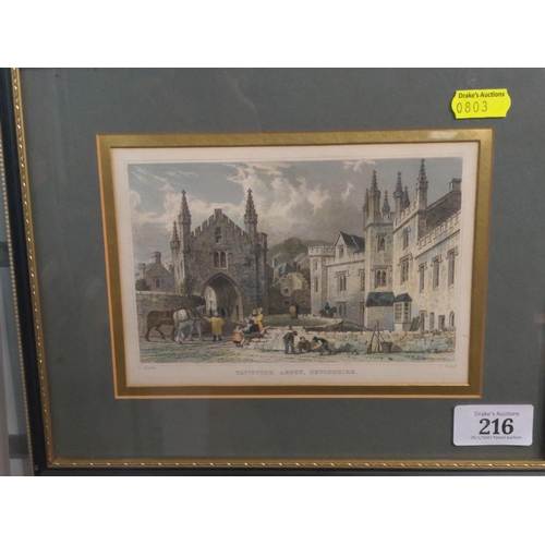 216 - Two 1830's hand coloured framed etchings of Tavistock, 27 x 22cm inclusive of frame