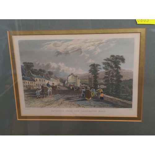 216 - Two 1830's hand coloured framed etchings of Tavistock, 27 x 22cm inclusive of frame