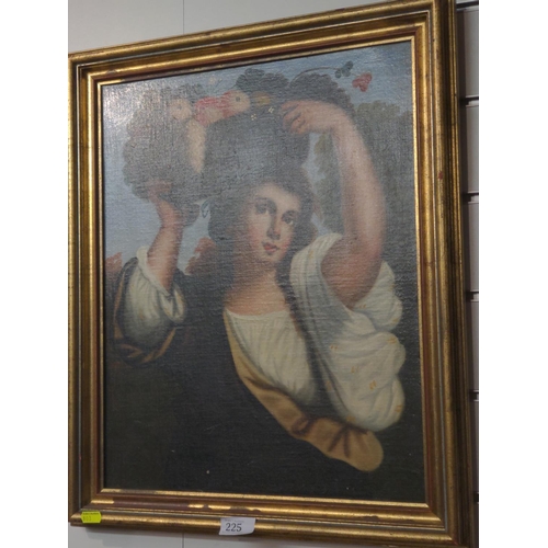 225 - Oil on canvas of a lady with a bountiful harvest, framed 44 x 54cm