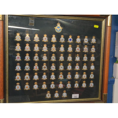 262 - Squadron badges in a framed montage. 58cm x 52cm