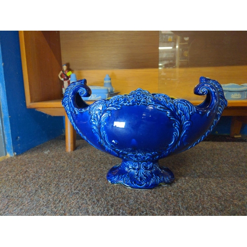 280 - Large ornate centrepiece with dark blue and gilt coloured design with woman and dog in rural setting... 