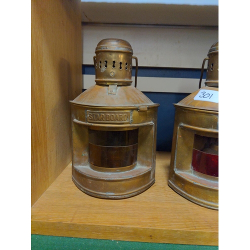 301 - Port and Starboard ships lamps in brass with plastic lens.