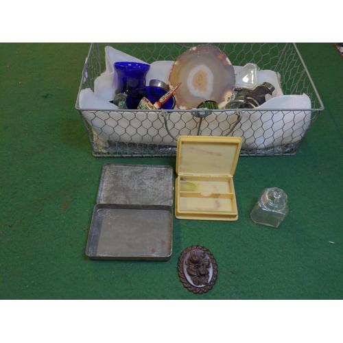 305 - Wire basket full of glass, metal, silver plate and others.