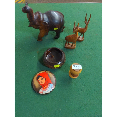 322 - Collection of Treen inc, elephant, caribu and others  with  romanian female of lid of pot.