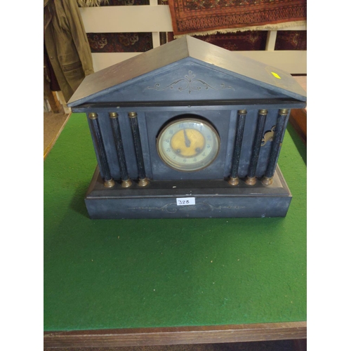 328 - Large slate mantle clock with brass face and mechanism. W 43 H33 D 15 cm