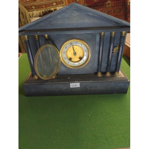 328 - Large slate mantle clock with brass face and mechanism. W 43 H33 D 15 cm