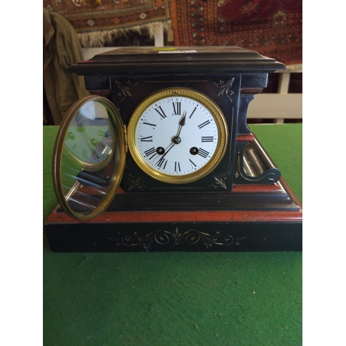 329 - French black marble red detail mantle clock with ceramic dial, very ornate detail.
