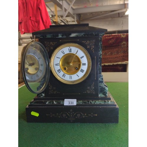 331 - French black marble mantle clock with Egyptian detail with engraved dial