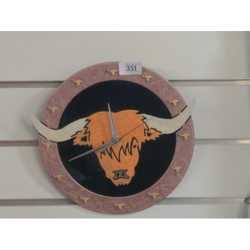 351 - Custom made longhorn cow quartz clock, diameter 26cm