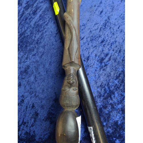 357 - Carved hardwood African walking stick, length 89cm, together with a wood rule section, length 46cm