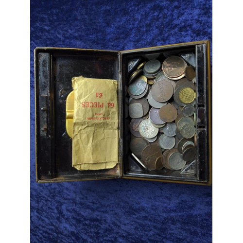 376 - Cash tin containing mixed British & world coins, gross weight 1.675 grams