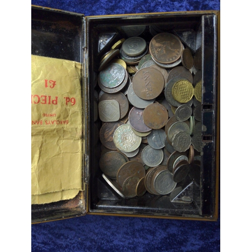 376 - Cash tin containing mixed British & world coins, gross weight 1.675 grams