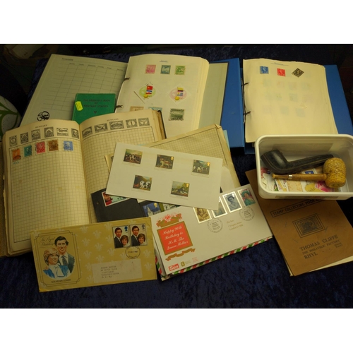 387 - British & world stamps including three albums, loose, & books, together with a meerschaum pi... 