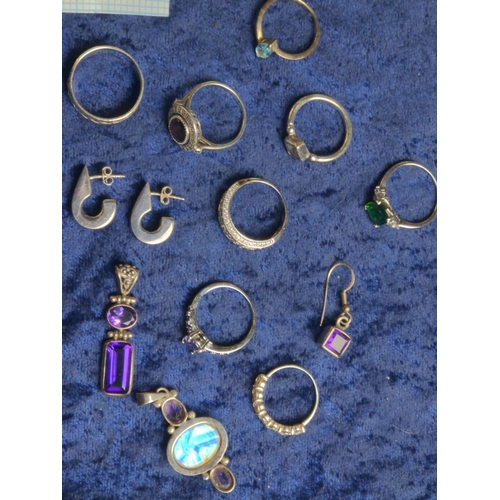 418 - Collection of 925 silver & white metal jewellery, some gem set, including eight rings, four pend... 