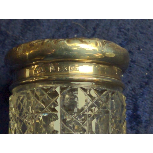 439 - HM silver lidded cut glass scent bottle with stopper & two vanity pots