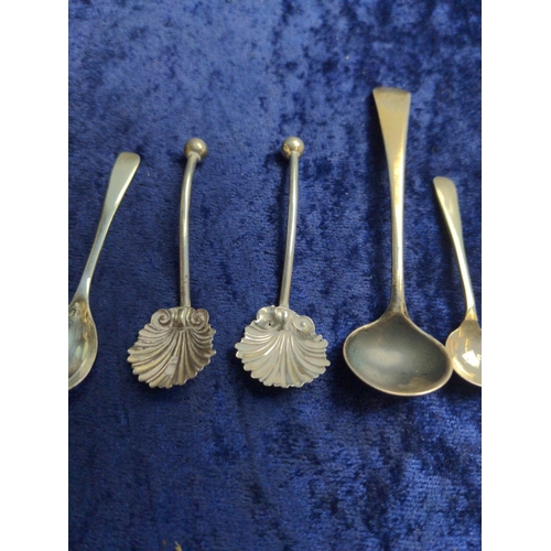 445 - Eight silver salt spoons including two pairs, & a pair of silver mustard spoons, various makers ... 