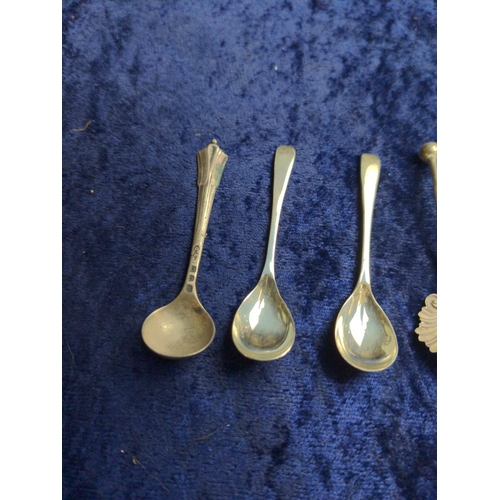 445 - Eight silver salt spoons including two pairs, & a pair of silver mustard spoons, various makers ... 