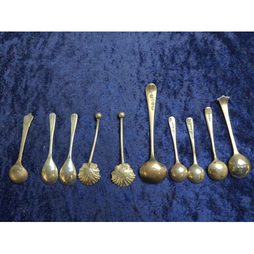 445 - Eight silver salt spoons including two pairs, & a pair of silver mustard spoons, various makers ... 