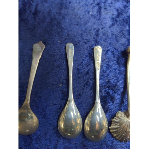 445 - Eight silver salt spoons including two pairs, & a pair of silver mustard spoons, various makers ... 