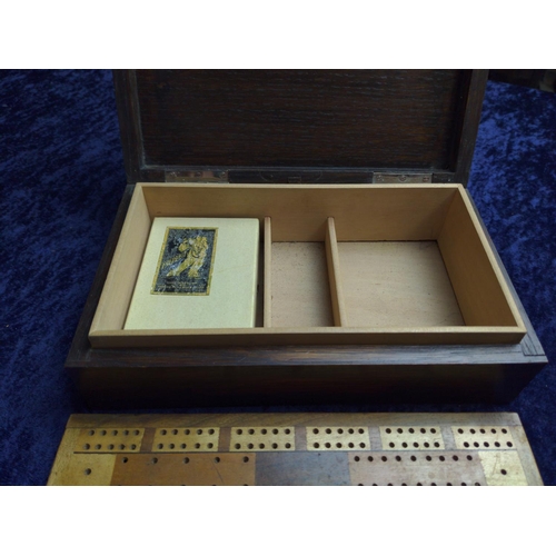 451 - Silver mounted oak bridge box, hallmarks for C & A, London 1923 (losses), together with two crib... 