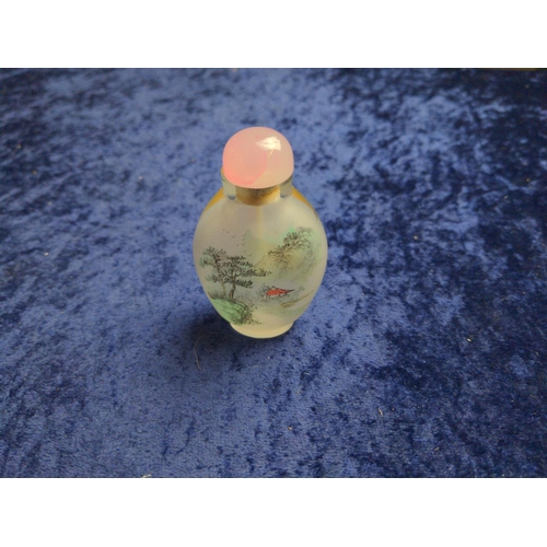 452 - Chinese inside painted glass snuff bottle, decorated with a landscape to one side, flowers & but... 