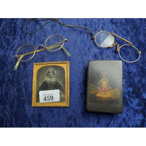 459 - Small framed Victorian daguerreotype of a lady, painted papier mache trinket box & two pairs of ... 