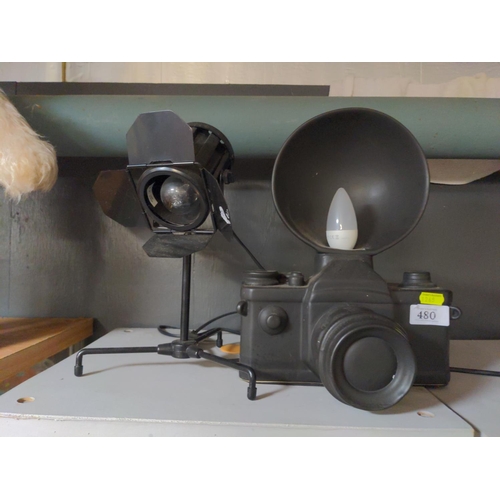 480 - Two novelty lamps, modelled as a camera & a spotlight respectively, ceramic camera light 31cm hi... 