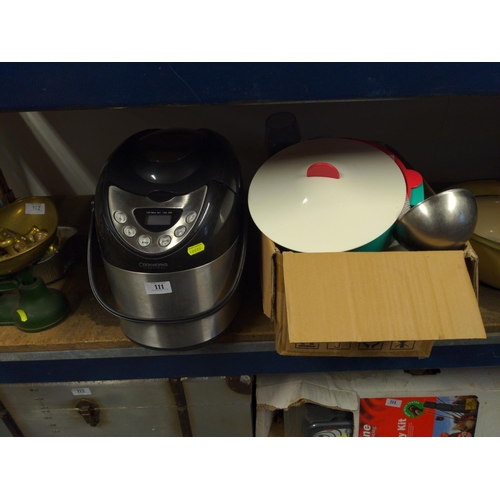 111 - Cookworks breadmaker with box of various kitchen ware