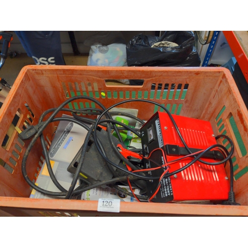 120 - Mixed box of electrics, inc. outdoor power point, DAB radio, car charger, security camera etc.