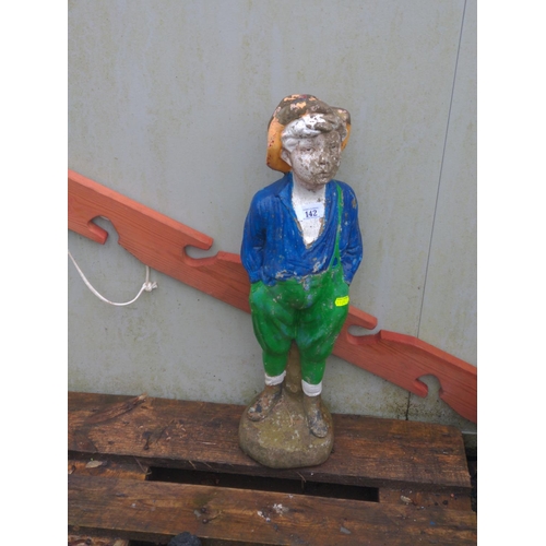 142 - Colourful concrete garden ornament of a farm hand boy plus wooden pot hanging unit. H61cm