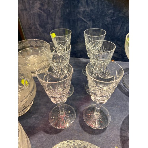 624 - Set of six acid etched finger bowls and six Waterford sherry glasses plus others inc decanter