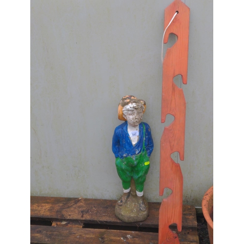 49 - Colourful concrete garden ornament of a farm hand boy plus wooden pot hanging unit. H61cm