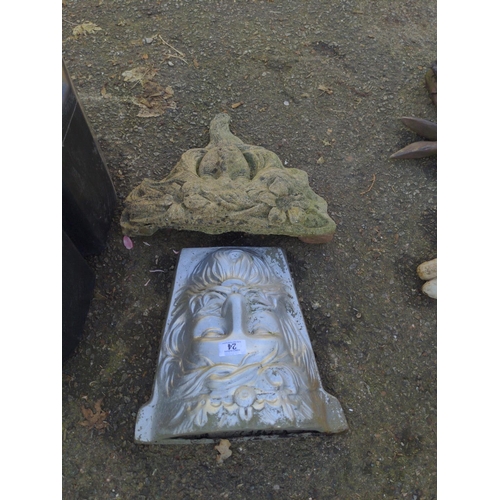 24 - Concrete flower lady wall pocket garden feature with fibreglass bearded man wall pocket. L31cm.